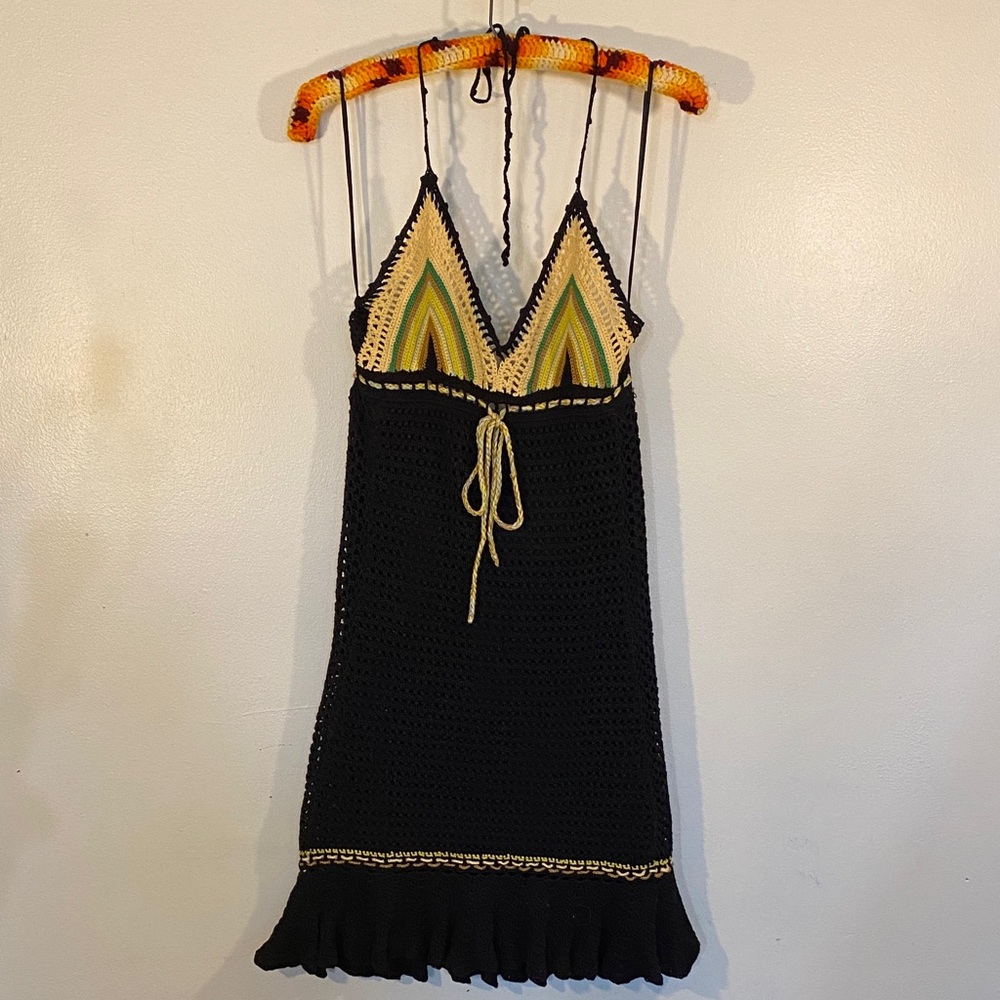 Free People Black Crochet Mini Dress with Green & Cream Triangle Bodice